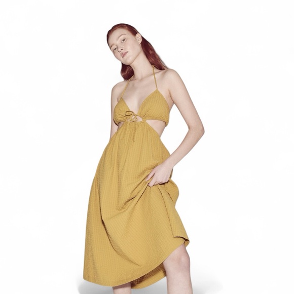 Madewell Seersucker Tie-Front Cutout Midi Dress mustard yellow medium - Picture 10 of 10